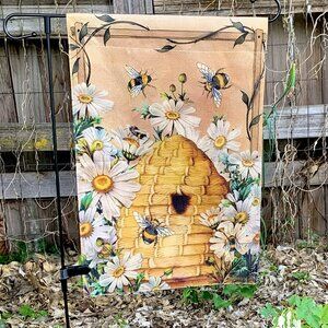 12x18 Weather-Resistant Linen Garden Flag Rustic Bee Floral Beehive Daisies New